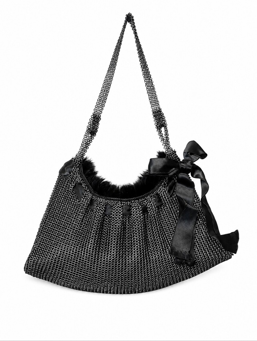 NANCY BACICH | Vintage Black Metal Mesh Chainmail Shoulder Bag w/ Satin Bows
